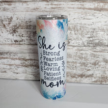 Load image into Gallery viewer, She Is.... Mom 20 oz Skinny Sub glitter Tumbler
