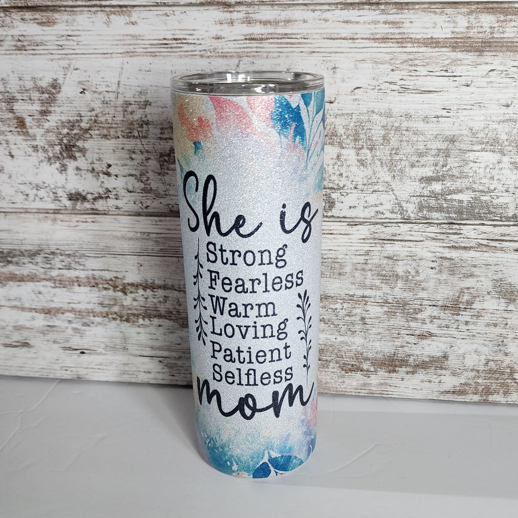 She Is.... Mom 20 oz Skinny Sub glitter Tumbler