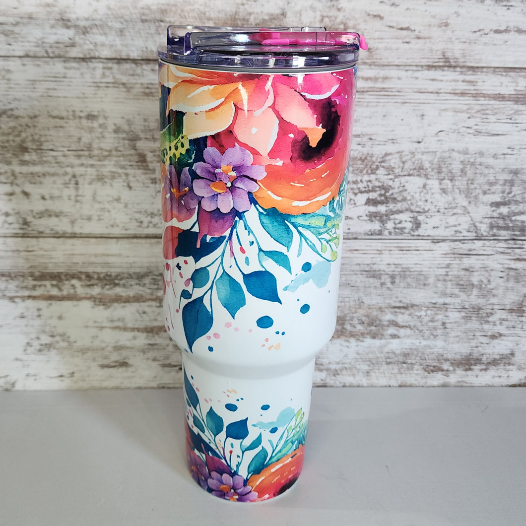 40 oz Pink handle with Flowers Tumbler